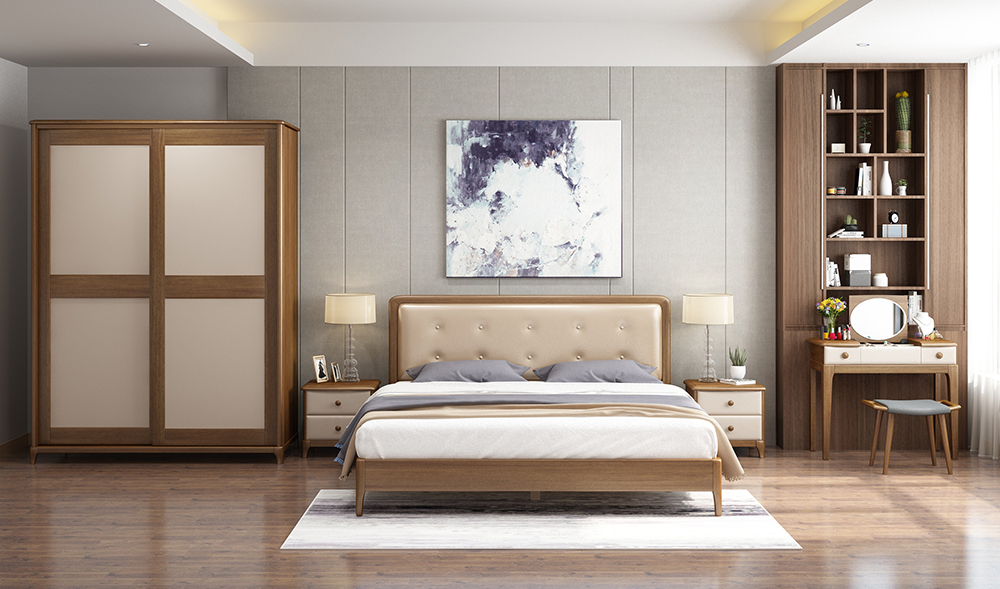 A3102床+B3101床頭柜+C3101妝臺+E3101妝凳+D3102推門衣柜